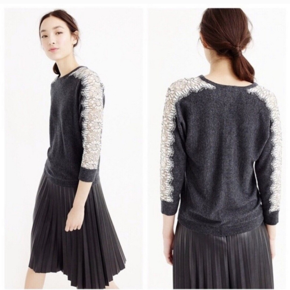 J. Crew Dark Gray Lightweight Lace Sleeves Pullover Sweater XXS
